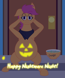 Size: 2200x2650 | Tagged: safe, artist:slimeyjenkins, scootaloo, g4, bandana, belly, belly button, belly painting, female, glowing, high res, jack-o-lantern, looking at you, nightmare night, pregnant, pumpkin gut, solo