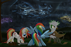 Size: 1920x1280 | Tagged: safe, artist:hydrusbeta, rainbow dash, oc, oc:astrid, oc:fallen star, oc:star fall, griffon, pegasus, pony, fanfic:harmony theory, g4, fanfic art, harmony theory, lightning, storm