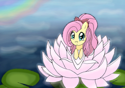 Size: 1406x997 | Tagged: safe, artist:simsvaleria, fluttershy, g4, alternate hairstyle, c:, chibi, cute, female, flower, leaning, lily (flower), looking at you, micro, ponytail, shyabetes, smiling, solo, water, waterlily