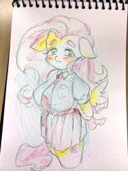 Size: 640x852 | Tagged: safe, artist:29axa, fluttershy, anthro, g4, breasts, busty fluttershy, clothes, female, solo, traditional art