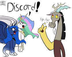 Size: 1337x1059 | Tagged: safe, artist:thethunderpony, edit, discord, princess celestia, princess luna, ghost, ghost pony, g4, angry, celestia is not amused, discord being discord, luna is not amused, simple background, unamused, yelling