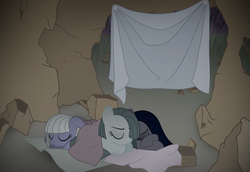 Size: 2544x1752 | Tagged: safe, artist:reitanna-seishin, limestone pie, marble pie, oc, oc:minkie pie, pony, g4, alternate cutie mark, cave, sleeping