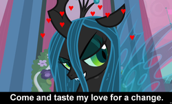 Size: 1600x973 | Tagged: safe, queen chrysalis, changeling, changeling queen, g4, bedroom eyes, bronybait, caption, cs captions, heart, love