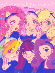 Size: 600x800 | Tagged: safe, artist:sie_48, applejack, fluttershy, pinkie pie, rainbow dash, rarity, twilight sparkle, equestria girls, g4, humanized, mane six, pixiv, wondercolts