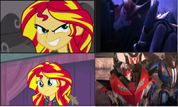 Size: 1512x914 | Tagged: safe, sunset shimmer, equestria girls, g4, my little pony equestria girls: rainbow rocks, comparison, crazy face, cute smile, evil grin, evil sunset, faic, grin, knock out, redemption, reformed, smiling, snapset shimmer, transformers, transformers prime