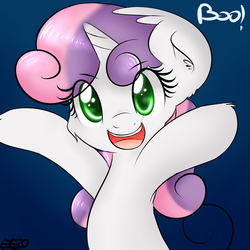 Size: 1280x1280 | Tagged: safe, artist:freefraq, sweetie belle, g4, 30 minute art challenge, adorable face, boo, cute, diasweetes, female, solo, spooky, weapons-grade cute