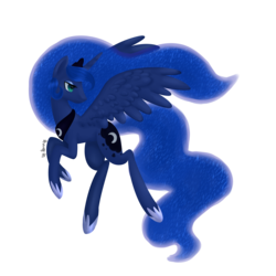 Size: 3000x3000 | Tagged: safe, artist:sannykat, princess luna, alicorn, pony, g4, female, flying, high res, jewelry, looking back, mare, regalia, simple background, solo, spread wings, transparent background, wings