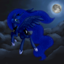 Size: 3000x3000 | Tagged: safe, artist:sannykat, princess luna, pony, g4, female, flying, full moon, high res, jewelry, looking back, mare, moon, night, regalia, solo, spread wings, wings