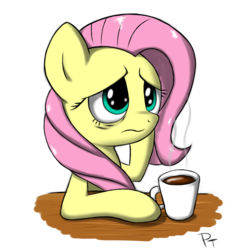 Size: 1000x1000 | Tagged: safe, artist:laffy372, fluttershy, pegasus, pony, g4, coffee, female, solo, tired eyes