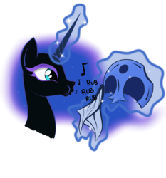 Size: 7447x8000 | Tagged: safe, artist:amorecadenza, nightmare moon, g4, absurd resolution, female, glowing horn, helmet, horn, magic, music notes, polishing, portrait, simple background, solo, telekinesis, transparent background, whistle