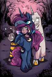 Size: 1280x1883 | Tagged: safe, artist:herny, princess celestia, princess luna, oc, oc:kevin the nightguard, ghost, human, luna-afterdark, g4, bedsheet ghost, blinding flare, clothes, costume, halloween, humanized, nightmare night, pony costume, textless