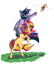 Size: 844x984 | Tagged: safe, artist:tami-kitten, sunset shimmer, twilight sparkle, alicorn, pony, unicorn, g4, floppy ears, paper, piggyback ride, rearing, simple background, tongue out, transparent background, twilight sparkle (alicorn), wind, windswept mane