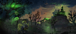 Size: 4000x1826 | Tagged: dead source, safe, artist:lukeine, derpy hooves, ghost, pegasus, pony, g4, clothes, female, mailbag, mare, nightmare night, scenery, solo