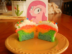 Size: 3264x2448 | Tagged: safe, pinkie pie, earth pony, pony, g4, cupcake, food, high res, irl, photo, pinkamena diane pie, rainbow, rainbow cupcake, waifu dinner