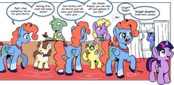 Size: 1200x585 | Tagged: safe, artist:muffinshire, twilight sparkle, oc, oc:bumble breeze, oc:dewy oak, oc:flyleaf, oc:swirling star, unnamed oc, pegasus, pony, unicorn, comic:twilight's first day, g4, annoyed, camera, colt, comic, female, filly, glasses, hoof tapping, library, male, mare, open mouth, preview, raised hoof, saddle bag, stallion, stomping, tapping, wip, younger