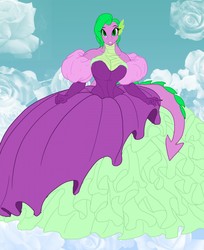 Size: 1047x1280 | Tagged: safe, artist:toughset, spike, oc, oc:barbara greenscale, anthro, g4, barb, barbara greenscale, breasts, busty barb, cleavage, clothes, dress, female, impossibly large dress, older barb, princess, rule 63, solo