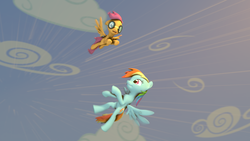 Size: 3840x2160 | Tagged: safe, artist:epiclper, rainbow dash, scootaloo, pegasus, pony, g4, 3d, cloud, flying, goggles, high res, motion blur, scootaloo can fly, sky, source filmmaker, wind, wings