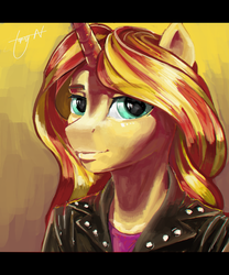 Size: 900x1080 | Tagged: safe, artist:topsy-n, sunset shimmer, unicorn, anthro, g4, clothes, female, leather jacket, looking at you, portrait, solo
