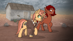 Size: 3840x2160 | Tagged: safe, artist:jordo76, oc, oc only, oc:penny, oc:spectrum lighting, earth pony, pony, unicorn, fallout equestria, annoyed, frown, high res, horn, house, mailbox, open mouth, trail
