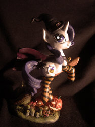 Size: 1024x1365 | Tagged: safe, artist:alexcroft1991, rarity, g4, broom, clothes, costume, craft, fake cutie mark, flying, flying broomstick, hat, jack-o-lantern, looking back, nightmare night costume, pumpkin, sculpture, smiling, socks, striped socks, witch, witch hat