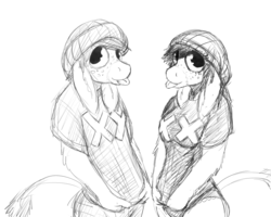 Size: 1280x1024 | Tagged: safe, artist:gordonfreeguy, oc, oc only, oc:donk, oc:donk sis, donkey, anthro, barely pony related, brother and sister, clothes, crossdressing, cute, donk twins, female, hat, male, monochrome, siblings, sketch, tongue out, twins
