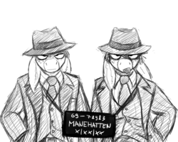 Size: 1280x1024 | Tagged: safe, artist:gordonfreeguy, oc, oc only, oc:donk, oc:donk sis, donkey, anthro, barely pony related, clothes, donk twins, gangster, hat, mobster, monochrome, necktie, sketch, suit, tongue out