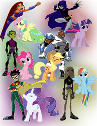 Size: 634x821 | Tagged: safe, applejack, fluttershy, pinkie pie, rainbow dash, rarity, twilight sparkle, cyborg, pony, g4, actor allusion, beast boy, beastie pie, clothes, comparison, crossover, cyborg (dc comics), mane six, midriff, raven (dc comics), robin, skirt, starfire, starshy, teen titans, terra (dc comics), twiraven, voice actor joke, zettai ryouiki