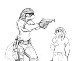 Size: 1280x1024 | Tagged: safe, artist:gordonfreeguy, oc, oc only, oc:donk, oc:donk sis, donkey, anthro, belt, cute, donk twins, goggles, gun, gun magazine, handgun, headphones, holster, m1911, monochrome, sketch, target practice