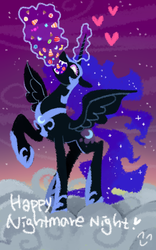 Size: 500x800 | Tagged: safe, artist:bartolomeus_, nightmare moon, alicorn, pony, g4, candy, cloud, concave belly, crown, eating, ethereal mane, ethereal tail, female, floating heart, food, glowing, glowing horn, heart, horn, jewelry, magic, magic aura, night, night sky, nightmare night, open mouth, raised hoof, regalia, sky, slender, solo, spread wings, standing, tail, telekinesis, thin, wings
