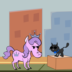 Size: 1635x1635 | Tagged: safe, artist:magerblutooth, diamond tiara, oc, oc:dazzle, cat, g4, box, building, johnny bravo, sidewalk, style emulation, wtf