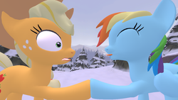 Size: 1280x720 | Tagged: safe, applejack, rainbow dash, g4, 3d, hoofbump, raspberry, shocked, source filmmaker