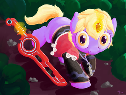 Size: 983x742 | Tagged: safe, artist:a6p, dinky hooves, g4, ask, clothes, cosplay, costume, game, halloween, monado, nightmare night, shulk, tumblr, xenoblade chronicles, xenoblade chronicles (series)