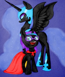 Size: 744x873 | Tagged: safe, artist:velisap, nightmare moon, oc, oc:nyx, alicorn, pony, fanfic:past sins, g4, alicorn oc, cape, clothes, cmc cape, dress, duo, glasses, nightmare nyx, two sides