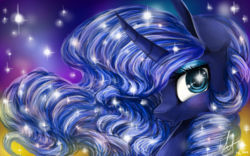 Size: 1280x800 | Tagged: dead source, safe, artist:flowerforce, princess luna, g4, curved horn, female, horn, smiling, solo