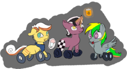 Size: 1733x944 | Tagged: safe, artist:owlvortex, oc, oc only, oc:plylon, oc:wheely bopper, car pony, original species, pony, wheelpone, ambiguous gender, can, donut, food, glowing, glowing horn, horn, ice cream, juice, magic, magic glow, milkshake, orange juice, simple background, smiling, soda, spread wings, talking, tongue out, transparent background, trio, wheel pony, wings