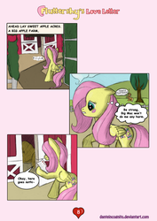 Size: 1200x1697 | Tagged: safe, artist:danteincognito, applejack, fluttershy, g4, blushing, comic, fluttershy's love letter, hay, hearts and hooves day, letter, sweet apple acres, tree, valentine's day