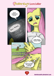Size: 1200x1697 | Tagged: safe, artist:danteincognito, applejack, fluttershy, roseluck, g4, comic, fence, fluttershy's love letter, hearts and hooves day, letter, valentine's day
