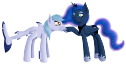 Size: 800x415 | Tagged: safe, artist:timid tracks, princess luna, oc, oc:hatii, original species, shark pony, g4, biting, frown, glare, raised eyebrow, simple background, transparent background, unamused