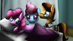 Size: 1024x576 | Tagged: safe, artist:lupiarts, cup cake, doctor horse, doctor stable, pinkie pie, earth pony, pony, unicorn, g4, female, hernia, male, mare, pillow, stallion, trio