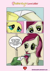 Size: 1200x1697 | Tagged: safe, artist:danteincognito, fluttershy, roseluck, g4, comic, fluttershy's love letter, hearts and hooves day, letter, valentine's day