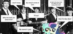 Size: 1006x467 | Tagged: safe, bon bon, lyra heartstrings, sweetie drops, g4, 60s, band, bass guitar, british invasion, drums, guitar, musical instrument, speech bubble, the dave clark five