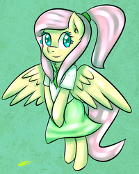 Size: 1200x1500 | Tagged: safe, artist:wolfy-pony, fluttershy, pony, g4, alternate hairstyle, bipedal, clothes, dress, female, high ponytail, ponytail, simple background, solo