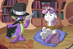 Size: 3206x2169 | Tagged: safe, artist:horrormage, spike, sweetie belle, dragon, pony, unicorn, g4, bondage, cape, clothes, cushion, dastardly spike, dastardly whiplash, feather, female, filly, high res, horn, horn ring, imminent tickles, lip bite, magic suppression, male, shivering, sweetiebuse, this will end in laughs, this will end in tears and/or laughter, tickle torture, tickling, tied up, unshorn fetlocks, wide eyes