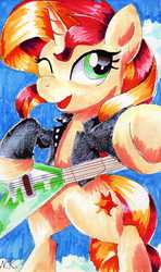 Size: 1368x2313 | Tagged: safe, artist:nekokevin, sunset shimmer, pony, unicorn, equestria girls, g4, my little pony equestria girls: rainbow rocks, female, guitar, solo, traditional art