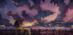 Size: 4000x1912 | Tagged: safe, artist:lukeine, applejack, g4, cloud, cloudy, female, scenery, solo, sunset