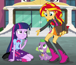 Size: 458x388 | Tagged: safe, screencap, spike, sunset shimmer, twilight sparkle, dog, equestria girls, g4, my little pony equestria girls: rainbow rocks, animated, book, journey book, loop, spike the dog, trust me, twilight sparkle (alicorn)