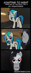 Size: 583x1371 | Tagged: safe, artist:drawponies, artist:terminuslucis, dj pon-3, vinyl scratch, oc, oc:lucid, pony, undead, unicorn, vampire, vampony, comic:adapting to night, comic:adapting to night: creature of the night, g4, alternate hairstyle, comic, creature of the night, evil grin, fangs, grin, red eyes, smiling
