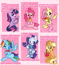Size: 900x1000 | Tagged: safe, artist:anggrc, applejack, fluttershy, pinkie pie, rainbow dash, rarity, twilight sparkle, g4, blushing, book, carrot, cupcake, cute, dashabetes, diapinkes, engrish, gift wrapped, grammar error, heart, hearts and hooves day, holiday, jackabetes, mane six, raribetes, ribbon, scrunchy face, shyabetes, that pony sure does love apples, tsunderainbow, tsundere, twiabetes, valentine, valentine's day, valentine's day card