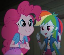 Size: 732x636 | Tagged: safe, screencap, pinkie pie, rainbow dash, equestria girls, g4, my little pony equestria girls: rainbow rocks, female, fingers, lip bite, out of context, squee