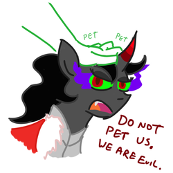 Size: 800x800 | Tagged: safe, artist:jargon scott, king sombra, human, pony, g4, behaving like a cat, hand, human on pony petting, i am the night, looking at you, offscreen character, offscreen human, petting, queen umbra, rule 63